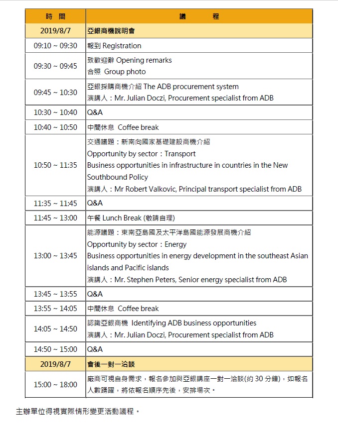 2019亞洲開發銀行商機說明會活動